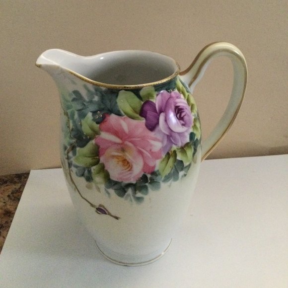 Vintage /antique Hand painted Nippon pitcher jar pink purple roses floral damage - Picture 1 of 7